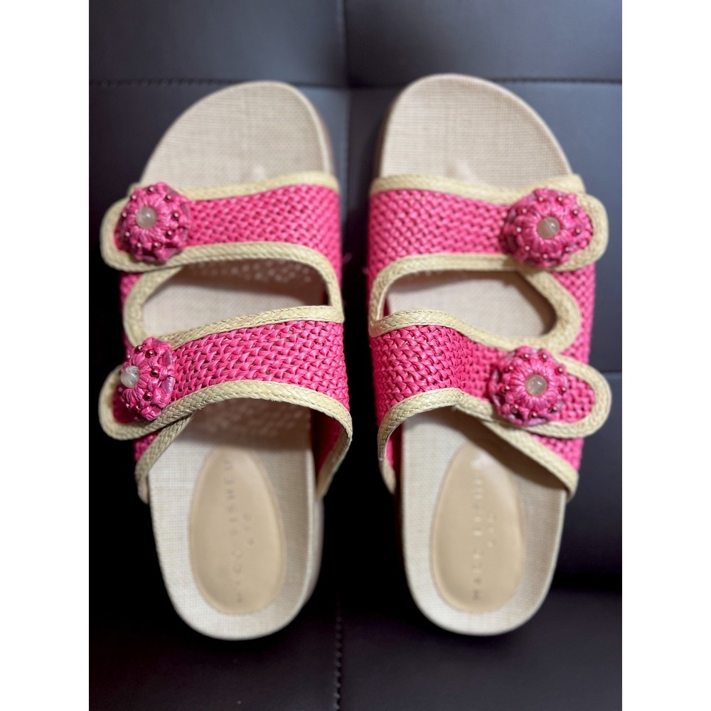 Marc Fisher Women Pink Raffia Woven Side Sandals Floral Beaded Strap Summer 9.5M
